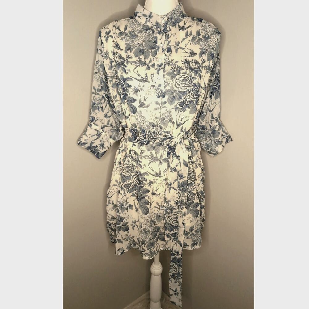 Sunday Up Floral Belted Shirt Dress Medium Blue White Romantic Dress